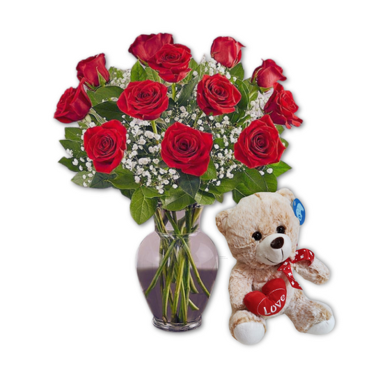 Ramo de 12 rosas rojas y oso de peluche