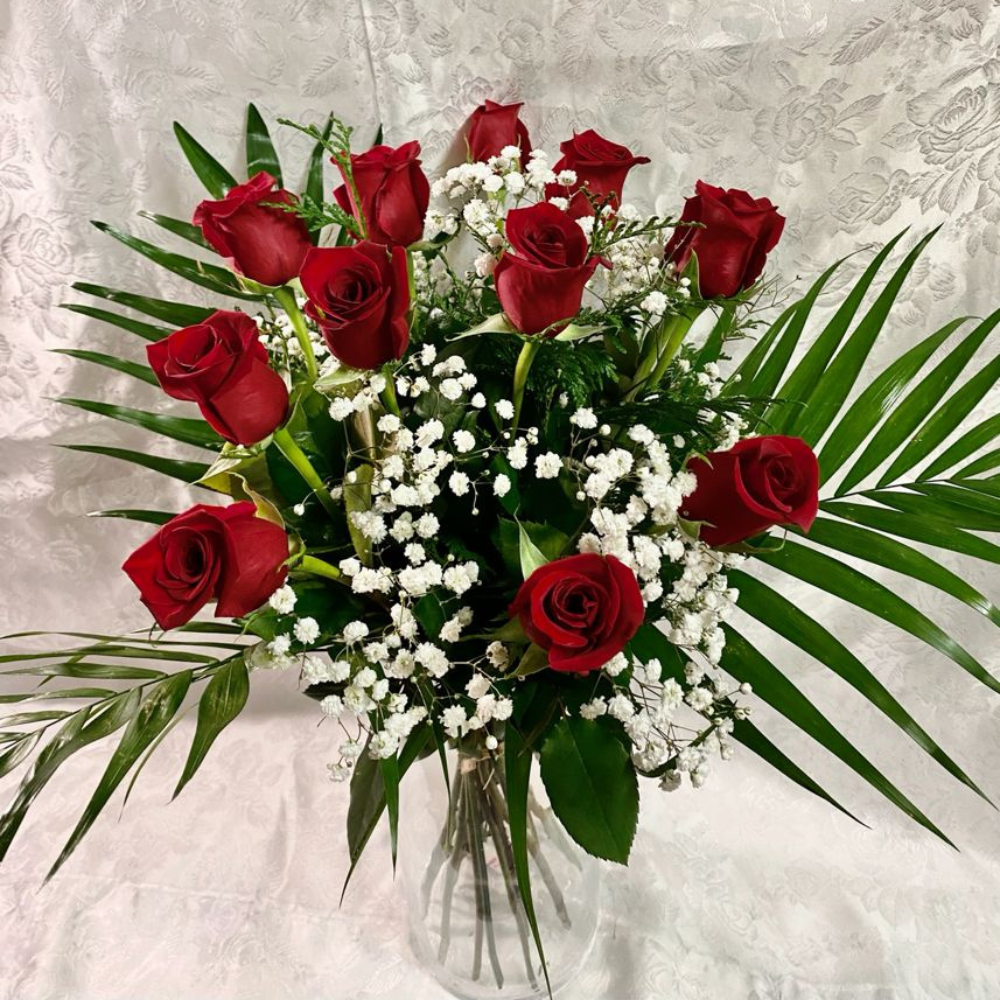 Ramo de 12 rosas rojas y oso de peluche