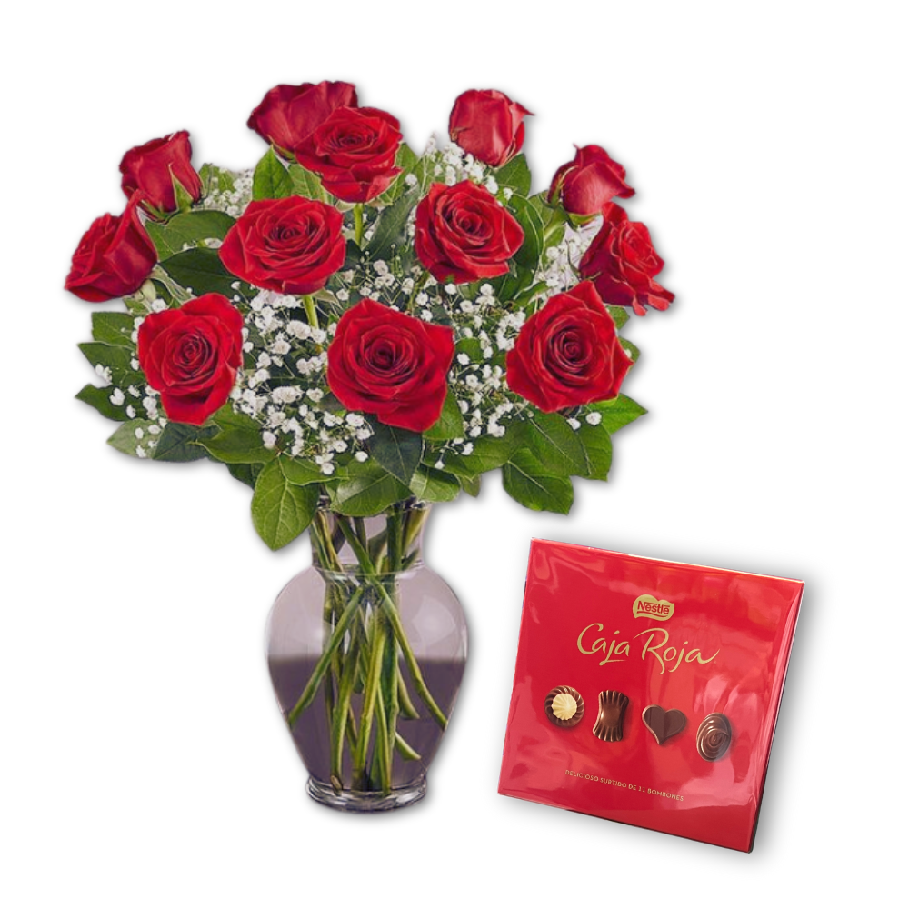 Ramo de 12 rosas rojas y chocolate