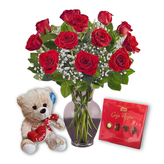 Ramo de 12 rosas rojas con peluche y chocolate Caja Roja