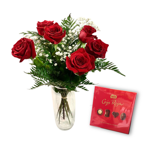 Ramo de 6 rosas rojas y chocolate